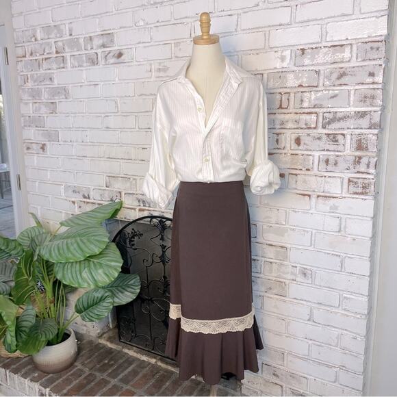 Vintage Dresses & Skirts - Vintage 90s Manhattan Nice Wear Brown Cream Boho Lace Ruffle Hem Midi Skirt